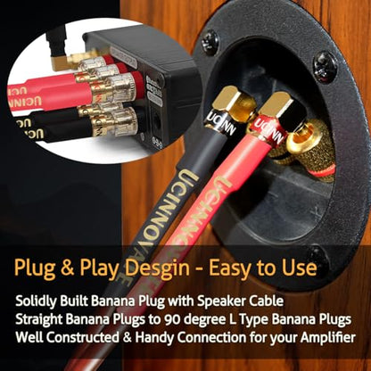UCINNOVATE 2 Pack 14 AWG Copper Speaker Wire with Banana Plugs, 2X 2m HiFi OFC Speaker Cable with Gold-Plated Right Angle Banana Plugs, Audio Cable Speaker Cord for Audiophile Sound Amp (2m / 6.5FT) - size: 2 x 2m OFC Speaker Cable
