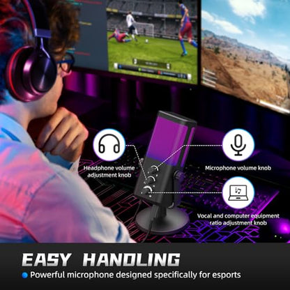 XTUGA M7 Dynamic Microphone for Gaming Streaming with RGB Light,Computer Condenser Mic Noise Reduction Real-Time Monitoring for Podcast,Studio,PC,PS5,Mac,YouTube