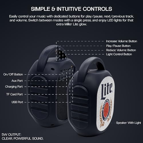Gabba Goods Miller Lite Bluetooth Speaker, Portable Wireless Sound System, Dual 5W Drivers, Bluetooth 5.3, 50mm High-Fidelity Audio, AUX, USB, MicroSD, FM Radio, Built-in Mic & USB-C (Black, Curved) - color: Black