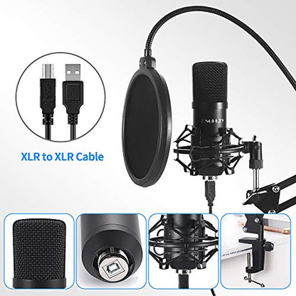 USB Streaming Podcast PC Microphone: Professional Computer Mic 192kHz/24bit Studio Cardioid Condenser Mic Kit with Sound Card Boom Arm Shock Mount Pop Filter, for Skype