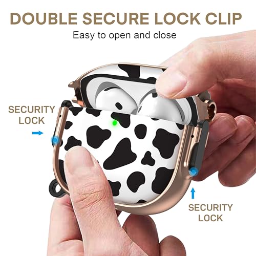 for AirPods 4 Case with Safety Lock, Magsafe Compatible, Cow Print | Double Secure Lock,Drop Protection,Two-Piece Design,with Gold Keychain, Anti Lost, Dustproof, Cute AirPod 4 Case - color: Cow + Gold, size: AirPods 4 Case