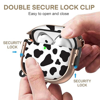 for AirPods 4 Case with Safety Lock, Magsafe Compatible, Cow Print | Double Secure Lock,Drop Protection,Two-Piece Design,with Gold Keychain, Anti Lost, Dustproof, Cute AirPod 4 Case - color: Cow + Gold, size: AirPods 4 Case