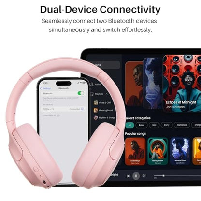 TOZO HT3 Hybrid Noise Cancelling Headphones, 90H Battery Life Wireless Over Ear Bluetooth 6.0 Foldable Headset, AI Voice Assistant with 5 Mics, Connect 2 Devices and Hi-Res Sound, 32 EQ Audio Presets - color: Titanium Pink