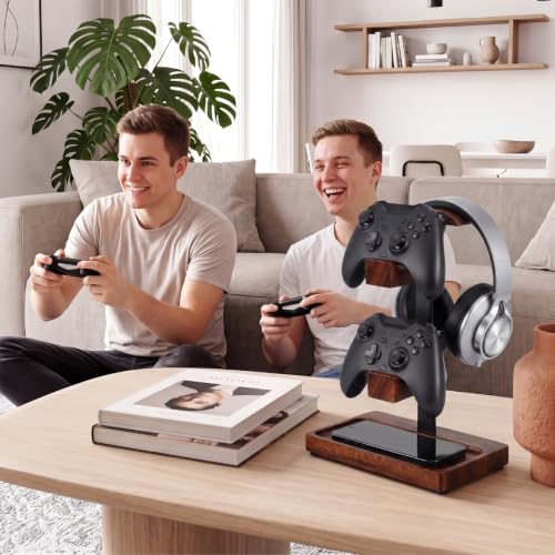Headphone Stand with Controller Holder, Deep Walnut - color: Deep Walnut