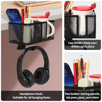 Multifunctional Clamp On Cup Holder Headsets Hanger Organizers for Drinks Phones Headphones Bags with AntiSpill Design - color: White
