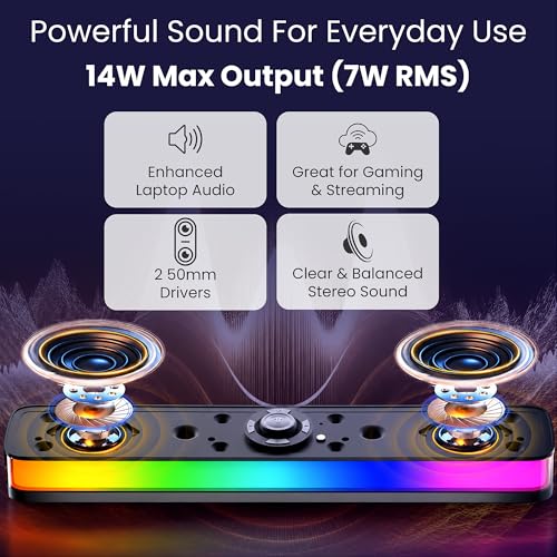 PHILIPS PC Sound Bar, Computer Speakers for Desktop, Bluetooth 5.4 Soundbar with Built-in Microphone, Clear Audio, RGB Lights with Volume Knob, USB Playback, for Laptop, Monitor, Gaming Setup