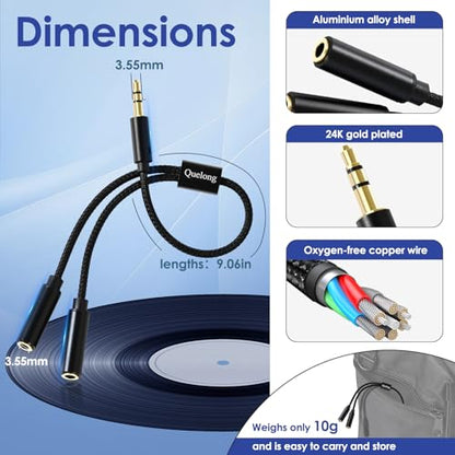 2Pcs Headphone Splitter, Dual Headphone Nylon Braided Extension Cable, Hi-Fi Audios Stereo Y Splitter 3.5mm 2 Female 1 Male, Suitable for Phones, PS4, Amplifiers, Smartphones, Tablets,etc.