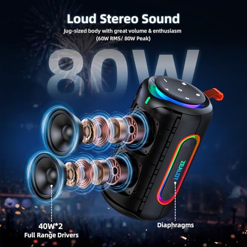 ZEALOT Portable Speaker with Powerful Bass, 80W(Peak) Outdoor Bluetooth Speaker, IPX6 Waterproof, Wireless Stereo Sound, USB/TF/AUX, 8000mAH Battery for Party, Camping, Beach