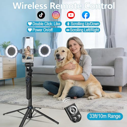 71" Content Creator Essentials Vlogging Kit - 2 Lights & 2 Mics | 360° Rotating Auto Face Tracking Tripod for iPhone/Android/Camera with Wireless Remote, No App for Vlog, Live, Video Record