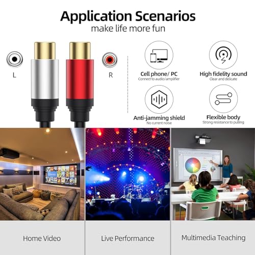 Aux to 2 RCA Cable 1ft, RCA Female to 3.5mm Male Cable Gold Plated 1/8 Jack Stereo Audio Converter Compatible with Stereo Speaker, HiFi Stereo System, Tablets, MP3
