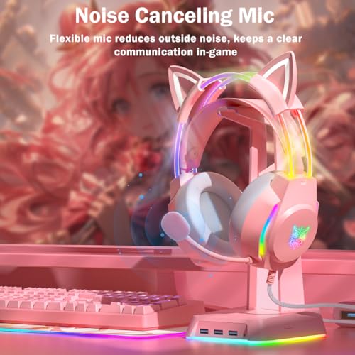 Gaming Headset with Microphone, Cat Ear Headphones for PC Laptop PS4 PS5 Xbox Switch, Pink, Rainbow RGB Lighting & Virtual Surround Sound, 3.5mm Wired Over Ear Headphones, Ergonomic - color: Pink Cat Ear