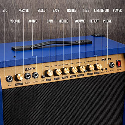 LyxPro 40 Watt Electric Guitar Amplifier | Combo Solid State Studio Amp with 8” 4-Ohm Speaker, Custom EQ Controls, Drive, Delay, ¼” Passive/Active/Microphone Inputs, Aux In & Headphone Jack - Blue - color: Blue, size: 40 Watt