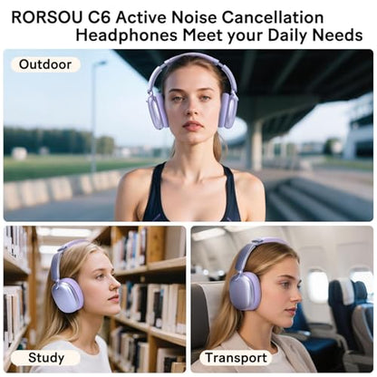 C6 Active Noise Cancelling Headphones, Wireless Over Ear Bluetooth Headphones, 60H Playtime, Lightweight Folding Deep Bass Comfort Fit Ear Cups Headset with Mic for iPad/Travel/PC/Home Purple - color: Purple