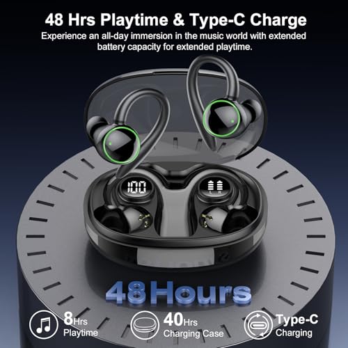 Wireless Earbuds, Bluetooth 5.4 Headphones Sport Over Ear Buds With ENC Mic | ENC Noise Cancelling Mic, 48H, Wireless Earphone With Earhooks, Stereo Deep Bass, IP7 Waterproof Headset for Workout, Black - color: J-Black