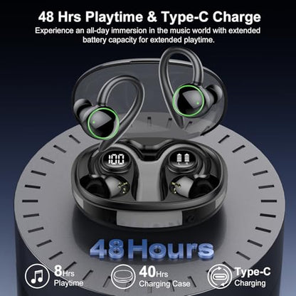 Wireless Earbuds, Bluetooth 5.4 Headphones Sport Over Ear Buds With ENC Mic | ENC Noise Cancelling Mic, 48H, Wireless Earphone With Earhooks, Stereo Deep Bass, IP7 Waterproof for Workout Running, Black
