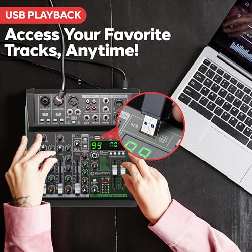 Pyle 6 Channel Audio Mixer - 2 XLR Combo Mic Inputs, Bluetooth Studio Mixer/DJ Controller with DSP Digital Effects, USB-A In with MP3 Player, PC Recording, LED Level Meter, Smooth Dials and Faders - style: 6 Channel
