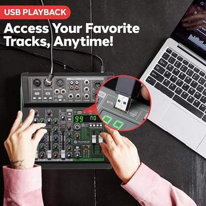 Pyle 6 Channel Audio Mixer - 2 XLR Combo Mic Inputs, Bluetooth Studio Mixer/DJ Controller with DSP Digital Effects, USB-A In with MP3 Player, PC Recording, LED Level Meter, Smooth Dials and Faders - style: 6 Channel