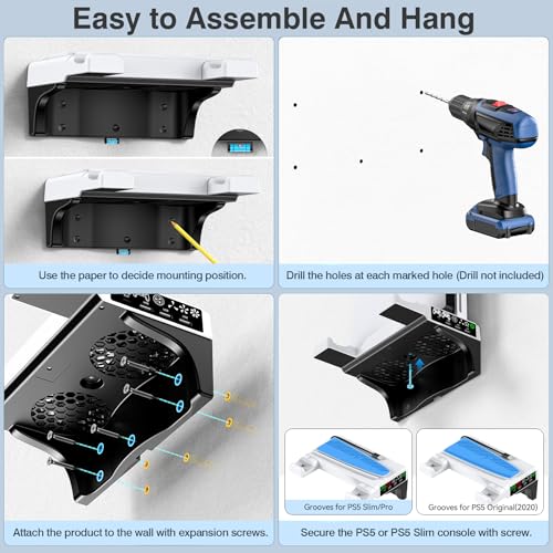 PS5 Wall Mount Kit with Cooling Fan & Controller Charging Station, PS5 Floating Shelf for PS5/Slim/Pro Disc & Digital Console, Mountable Behind PC Monitor for PS5 Accessories, Sega Genesis Consoles