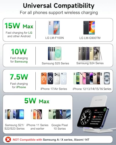 Wireless Charger Stand, Foldable, 15W Fast Wireless Charging Station Compatible with iPhone 17 16 15 14 13 12 Pro Max, Phone Charger Dock for Samsung Galaxy S26 S26+ S25 S24 S23 S22 Note 20 & Android - color: White