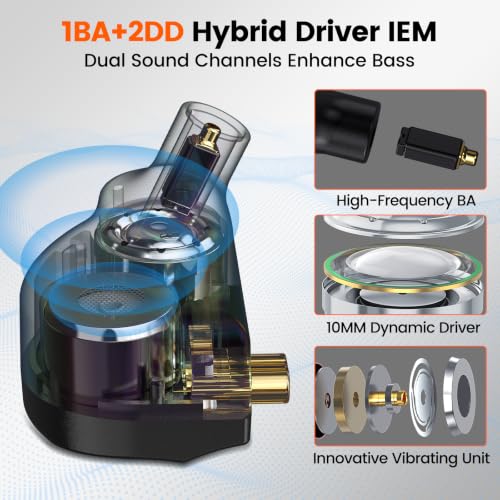 2DD+1BA HiFi IEM with 3.5mm+USB C,Wired Gaming Earbuds,in Ear Monitor Headphones,Noise Isolating,Deep Bass/Rich Mids/Clear Highs Earphone for Apple iPhone/IPad/Mac/PC/Laptop/Xbox/PS5/Switch(with Mic) - color: Light Black-1