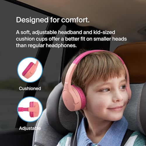 Belkin SoundForm Mini Wired Kids Headphones, On Ear, 3.5mm | Toddler headphones, built-in mic, 85dB safe volume limit, durable design, online learning, classroom, travel - color: Pink, style: Wired