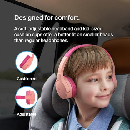 Belkin SoundForm Mini Wired Kids Headphones, On Ear, 3.5mm | Toddler headphones, built-in mic, 85dB safe volume limit, durable design, online learning, classroom, travel - color: Pink, style: Wired