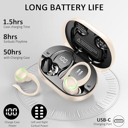 Matast Wireless Earbuds, Bluetooth Headphones Sports, Deep Bass Earphones Gym Running, IP7 Waterproof Headset with Earhook Workout, 50H Playback Over-Ear Buds with ENC Noise Cancelling Mic - color: Pale yellow