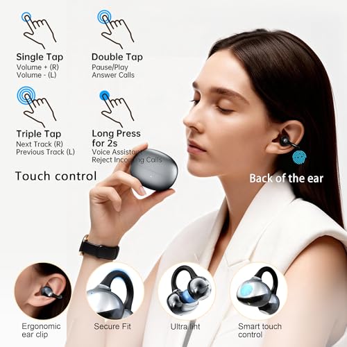 Clip On Earbuds Bluetooth 5.4, Open Ear Wireless Headphones with ENC Mic, 40H Playtime Ear Clip Earbuds, Lightweight Comfortable Fit with Touch Control for Sport