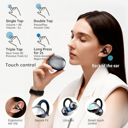 Clip On Earbuds Bluetooth 5.4, Open Ear Wireless Headphones with ENC Mic, 40H Playtime Ear Clip Earbuds, Lightweight Comfortable Fit with Touch Control for Sport