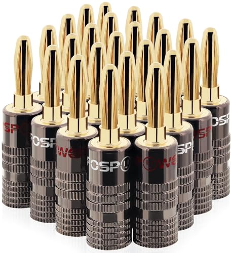 FosPower Banana Plugs 12 Pairs / 24 pcs, Closed Screw 24K Gold Plated Speaker Plug Connectors for Speaker Wire, Wall Plate, Home Theater, Audio/Video Receiver, Amplifiers and Sound Systems | Closed screw 24K gold-plated banana plugs (12 pairs / 24 pcs) fo