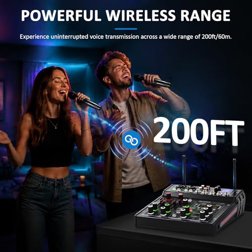 R4-PROS 4 Channel Karaoke Mixer with 2 Wireless Microphones, Bluetooth Audio Mixer Sound Board, Independent Dual Mic Volume Control, USB Mixer for Home KTV, Party, Live Streaming, Podcast