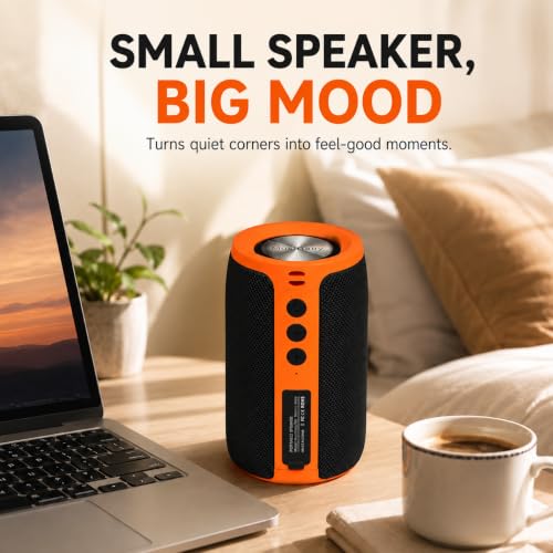 Musibaby M68 Bluetooth Speaker, 12W, IPX5, 24H Playtime, OrangeBlack | Portable, small and compact with USB playback, AUX input, FM radio, TF card playback, up to 24H and dual pairing. - color: OrangeBlk