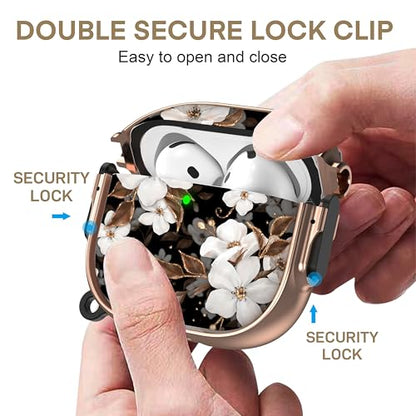 for AirPods 4 Case with Safety Lock, Magsafe Compatible, Flower | Double Secure Lock,Drop Protection,Two-Piece Design,with Gold Keychain, Anti Lost, Dustproof, Cute AirPod 4 Case - color: Black + White, size: AirPods 4 Case