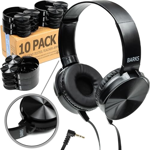 Barks Classroom Headphones Bulk 10 Pack (Select Black, On-Ear, Wired 3.5mm) | Durable Everyday Student Use, Tangle-Free Cords, Adjustable Fit All-Day Comfort, Clear Sound, Easy Clean, K-12 School Testing