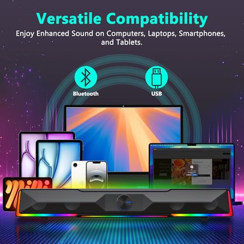 Redragon Computer Speaker, Bluetooth/USB Wired Dual Connection Soundbar | Clear Stereo Sound with Audio-Light Sync RGB Backlit, Volume Knob, USB Powered for PC/TV/Tablet, Black