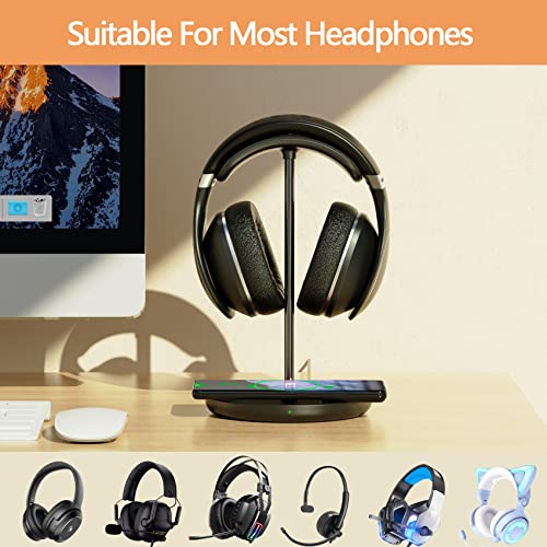 Headphone Stand with Wireless Charger, Gaming Headset Holder Hanger Rack 2 IN 1 Wireless Charging Station Dock for iPhone 15/14/13/12/11 Series, Samsung, AirPods Pro/3/2 and Desk All Headphones, Black | 2 in 1 Charging Station for iPhone, Samsung, AirPods