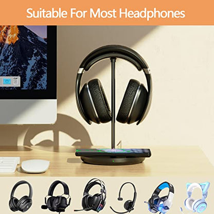 Headphone Stand with Wireless Charger, Gaming Headset Holder Hanger Rack 2 IN 1 Wireless Charging Station Dock for iPhone 15/14/13/12/11 Series, Samsung, AirPods Pro/3/2 and Desk All Headphones, Black | 2 in 1 Charging Station for iPhone, Samsung, AirPods