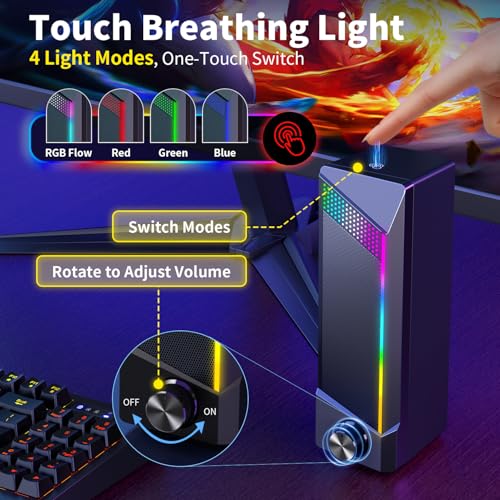 Computer Speakers, 2 in 1 PC Speaker , Gaming Speakers for PC Computer Laptop Desktop Monitor, RGB Speakers with Touch Sensitive Lighting, USB Powered 3.5mm Aux（Package Only Two Speaker, No Soundbar）