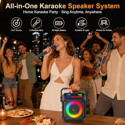 Karaoke Machine and 2 Wireless Microphones for Adults & Kids | Karaoke Speaker with RGB Lights, Supports Bluetooth/USB/TF/AUX Inputs, Portable for Home Parties & Outdoor Events