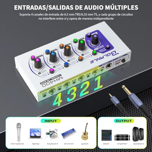 Bolanle MH400 4-Channel Active Line Mixer, USB-C Stereo/Mono Audio Mixer