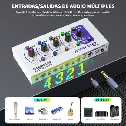 Bolanle MH400 4-Channel Active Line Mixer, USB-C Stereo/Mono Audio Mixer