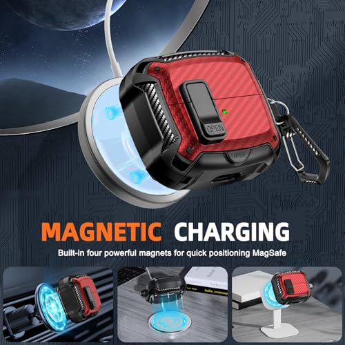 Safety Lock Case for Samsung Galaxy Buds3 FE/Pro/3 (RED) | Compatible with MagSafe, Carbon fibre texture Design,with Phone Stand& Cleaning kit,Keychain, - color: A-A-b-Red