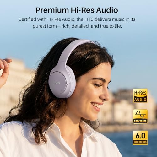 TOZO HT3 Hybrid Noise Cancelling Wireless Headphones, 90H Over Ear Headset | Hi Res Audio, AI Voice Assistant, Dual Device Connection, 32 Custom EQs, Built In 5 Mics, ANC, Foldable, Bluetooth 6.0 - color: Light Purple