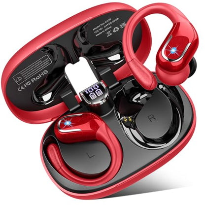 Ltinist Wireless Earbuds, 75hrs Bluetooth 5.4 Headphone Sport, Bluetooth Earbuds Deep Bass Over Ear Buds with Earhooks, ENC Noise Cancelling Earphone Mic, IP7 Waterproof for Workout/Running/Gym Red - color: Red