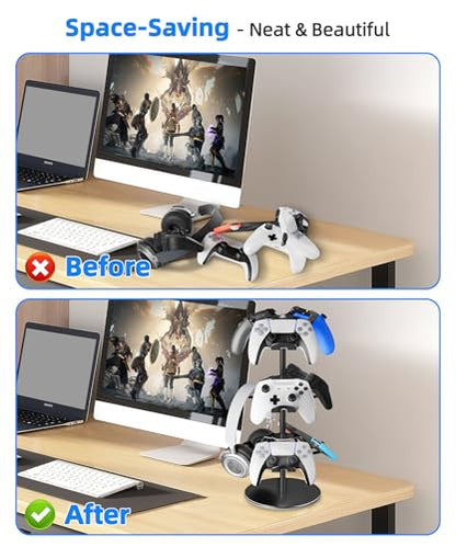 Aluminum Alloy Controller Holder 3 Layers,360 Degree Rotation Tier,Gaming Controller Stand for Xbox PS5 PS4 Switch,Headphone Stand,Headset Holder & Desk Mounts for 9 Packs Controller - color: BLACK-3 LAYERS