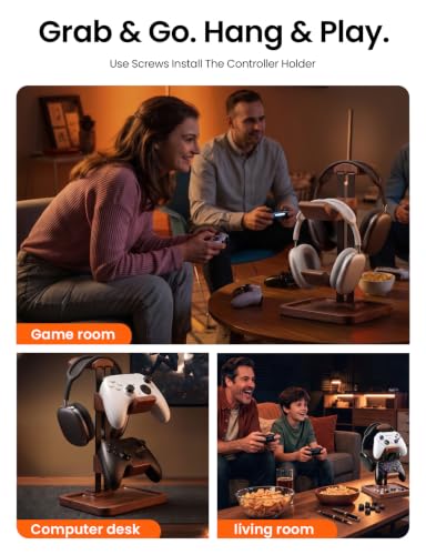 LOXP Walnut Headphone and Controller Stand, 2-in-1 Holder with Storage | Solid Wood Gaming Headphone Stand, Built-in Storage, Non-Slip, Fits Xbox PS5 Switch Controllers, Desktop Organizer for Gamers