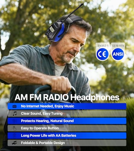 Digital AM FM Radio Headphones, Hearing Protection Earmuff for Adult, 30dB SNR for Mowing, Construction, Chainsaw - color: Am Fm Radio + Battery + Blue