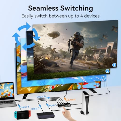 HDMI Multiviewer Switch 4x1 Seamless Switcher Quad Multi Viewer 4 in 1 Out Switcher with IR Remote 3.5mm Audio Output Support 4K@30Hz 1080P@60Hz Upgrade 10 Viewing Modes for Security Camera, Meeting