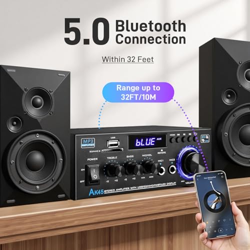 AK45 Stereo Home Audio Amplifier with 5.0 Bluetooth Receiver, 300W+300W Bluetooth HiFi AMP Power Amplifier 2.0 Channel RMS 40W x 2 Home Stereo System Remote Control Amp W/MIC,USB, RCA,FM Radio
