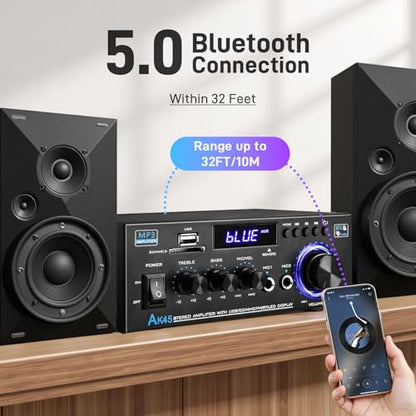 AK45 Stereo Home Audio Amplifier with 5.0 Bluetooth Receiver, 300W+300W Bluetooth HiFi AMP Power Amplifier 2.0 Channel RMS 40W x 2 Home Stereo System Remote Control Amp W/MIC,USB, RCA,FM Radio